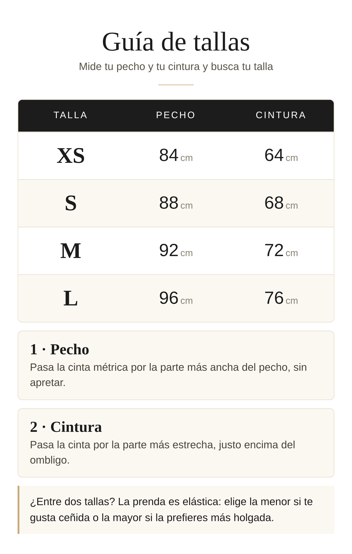 Guía de tallas: XS pecho 84 cm cintura 64 cm; S pecho 88 cm cintura 68 cm; M pecho 92 cm cintura 72 cm; L pecho 96 cm cintura 76 cm